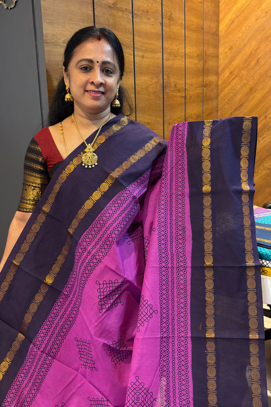 Premium Sungudi Cotton Saree – Kolam Prints- Majenta with Navy  Contrast Rettapet Border | SC20