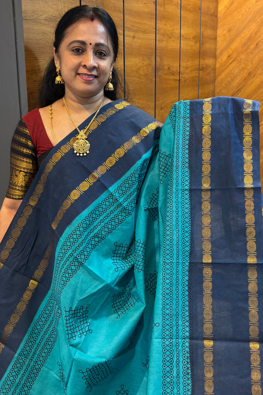 Premium Sungudi Cotton Saree – Kolam Prints- Rama Blue with Peacock Blue  Contrast Rettapet Border | SC21