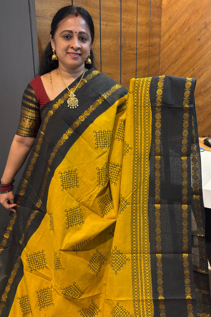 Premium Sungudi Cotton Saree – Kolam Prints- Mustard with Black Contrast Rettapet Border | SC23