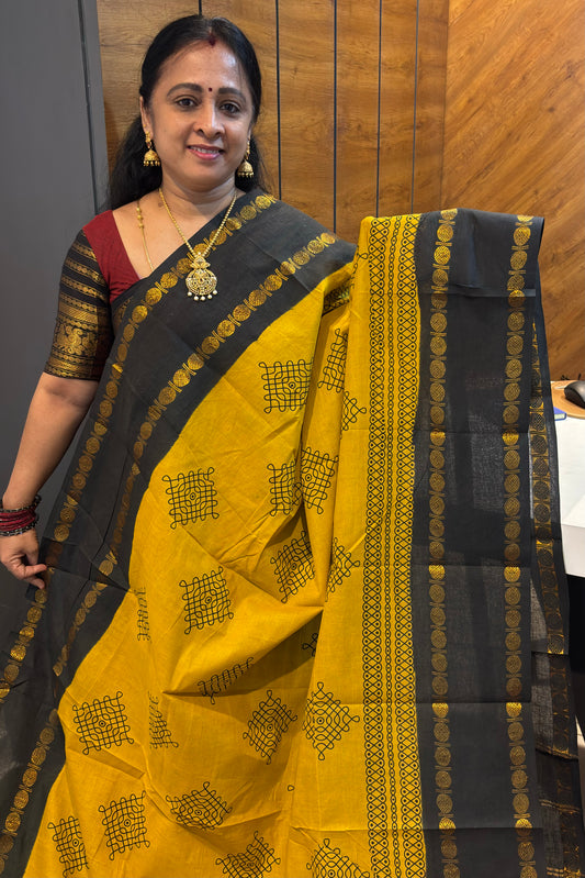 Premium Sungudi Cotton Saree – Kolam Prints- Mustard with Black Contrast Rettapet Border | SC23