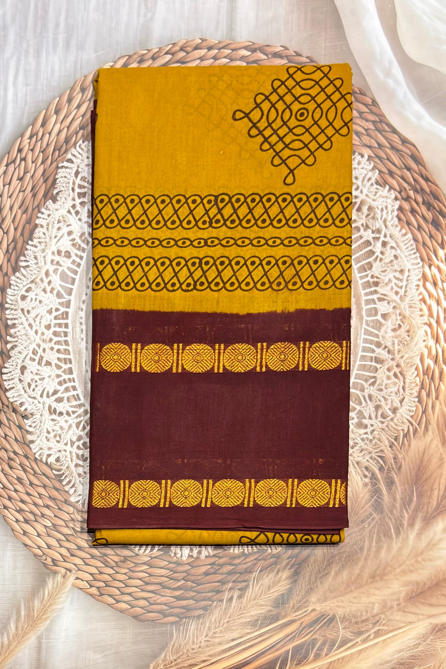 Premium Sungudi Cotton Saree – Kolam Prints- Mustard with Arakku  Contrast Rettapet Border | SC17