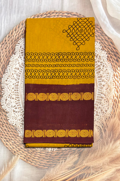 Premium Sungudi Cotton Saree – Kolam Prints- Mustard with Arakku  Contrast Rettapet Border | SC17