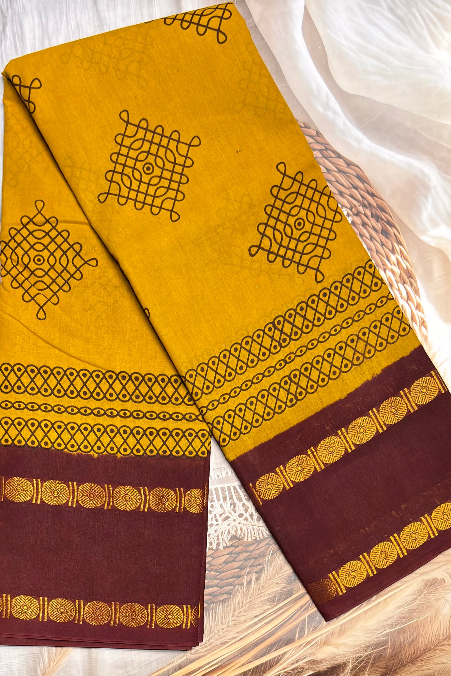 Premium Sungudi Cotton Saree – Kolam Prints- Mustard with Arakku  Contrast Rettapet Border | SC17