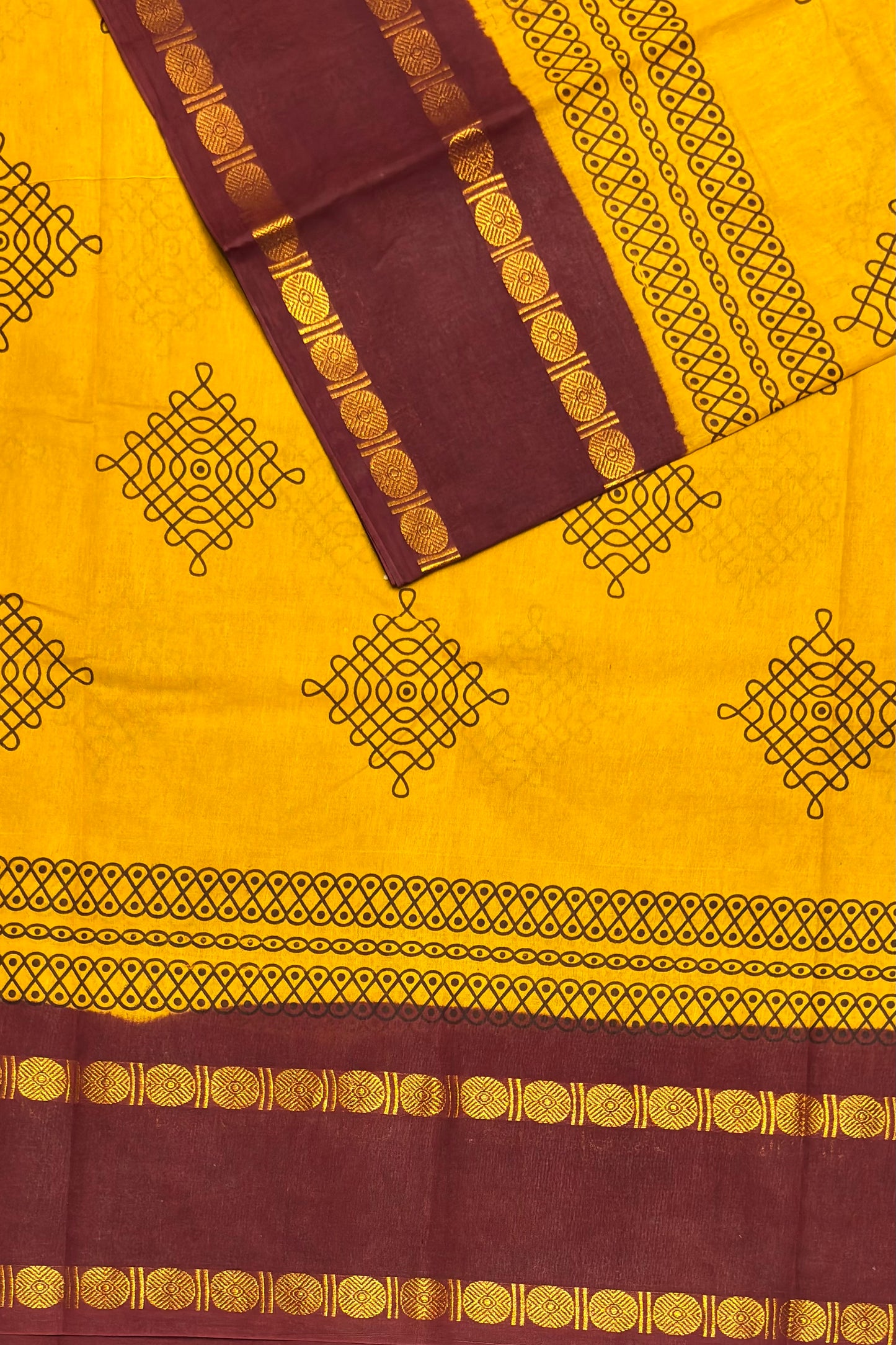 Premium Sungudi Cotton Saree – Kolam Prints- Mustard with Arakku  Contrast Rettapet Border | SC17