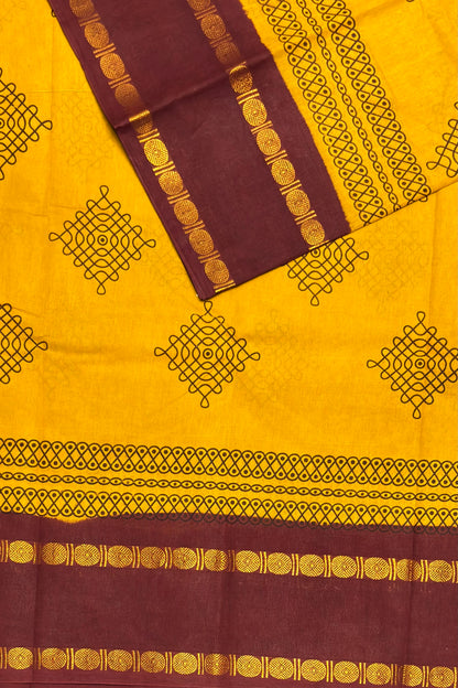 Premium Sungudi Cotton Saree – Kolam Prints- Mustard with Arakku  Contrast Rettapet Border | SC17