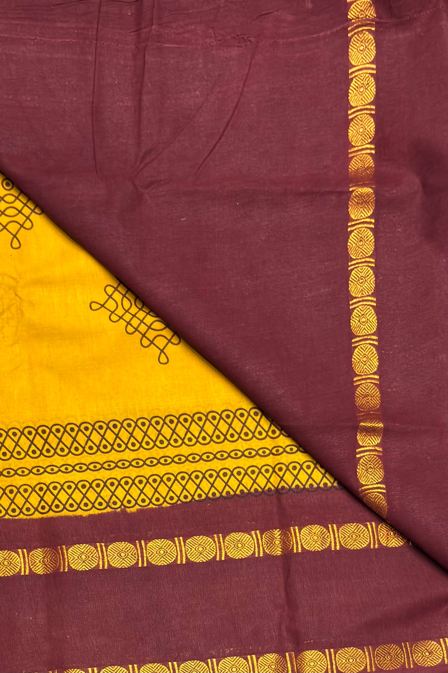 Premium Sungudi Cotton Saree – Kolam Prints- Mustard with Arakku  Contrast Rettapet Border | SC17