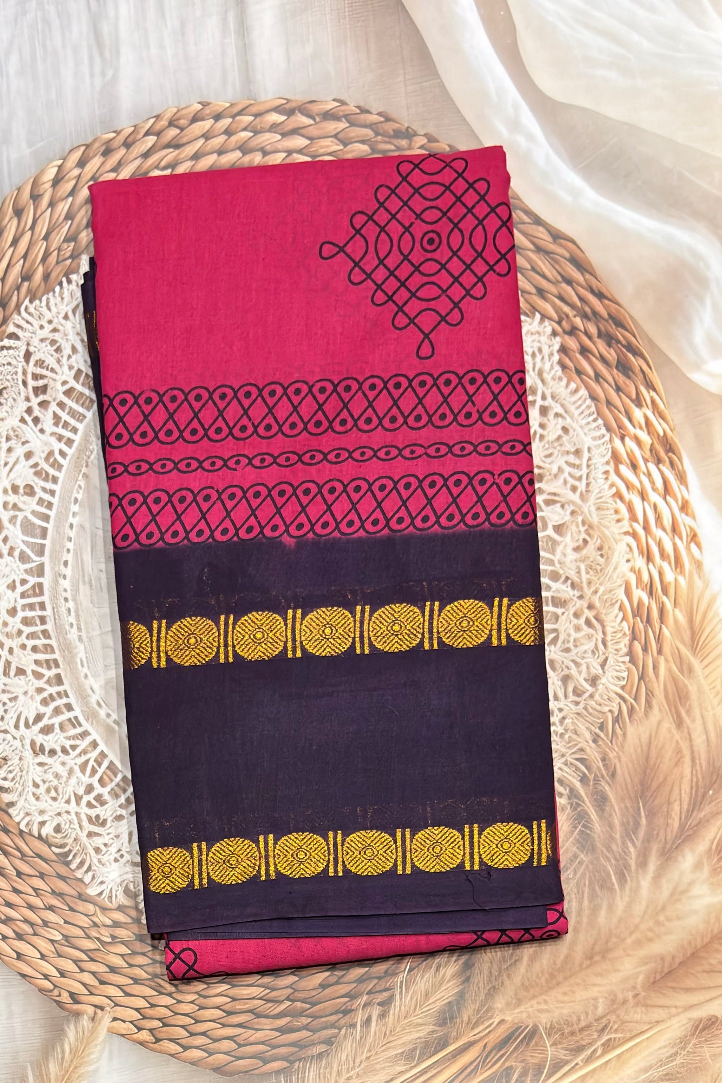 Premium Sungudi Cotton Saree – Kolam Prints- Rose with Navy  Contrast Rettapet Border | SC18