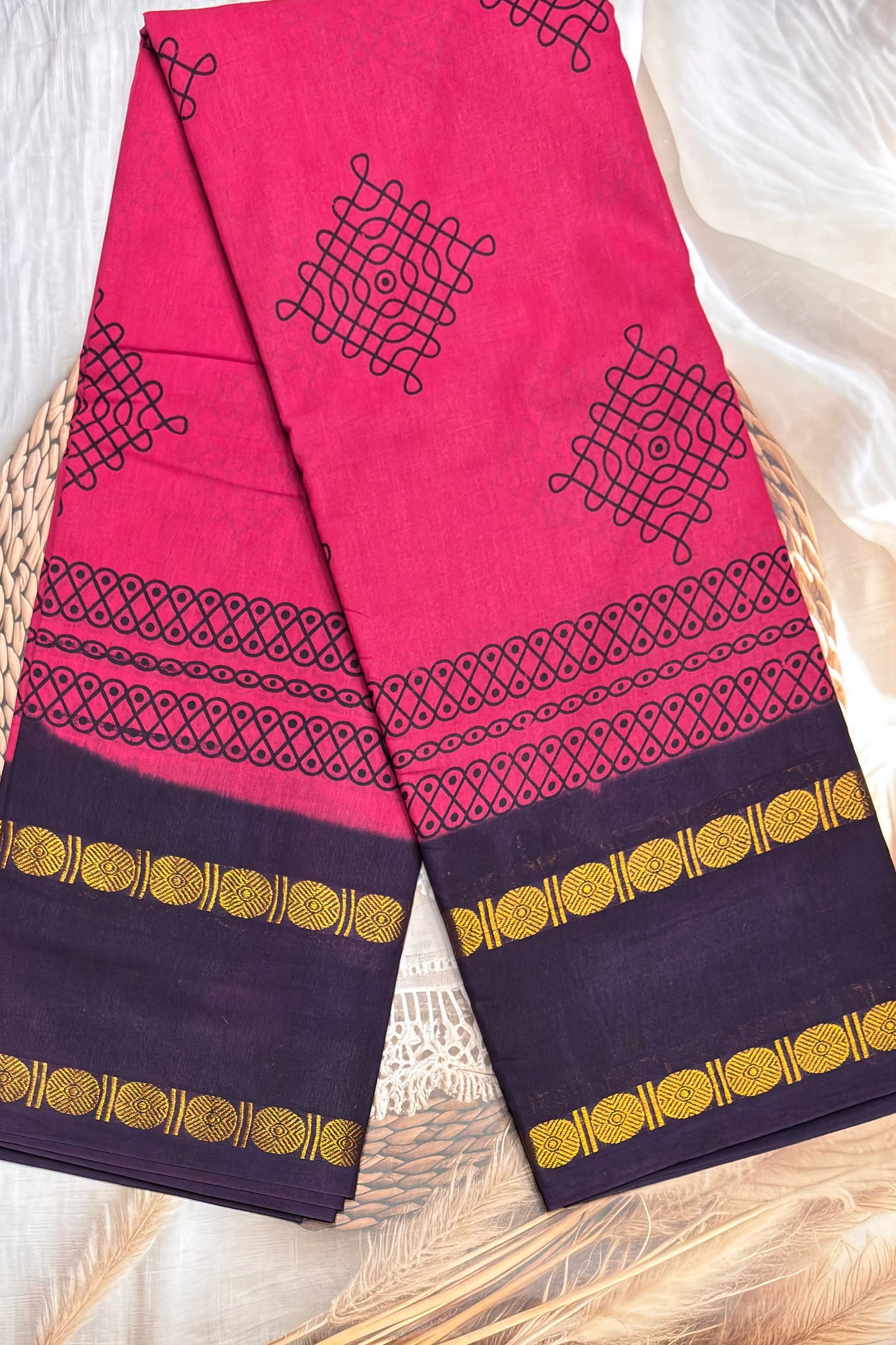 Premium Sungudi Cotton Saree – Kolam Prints- Rose with Navy  Contrast Rettapet Border | SC18