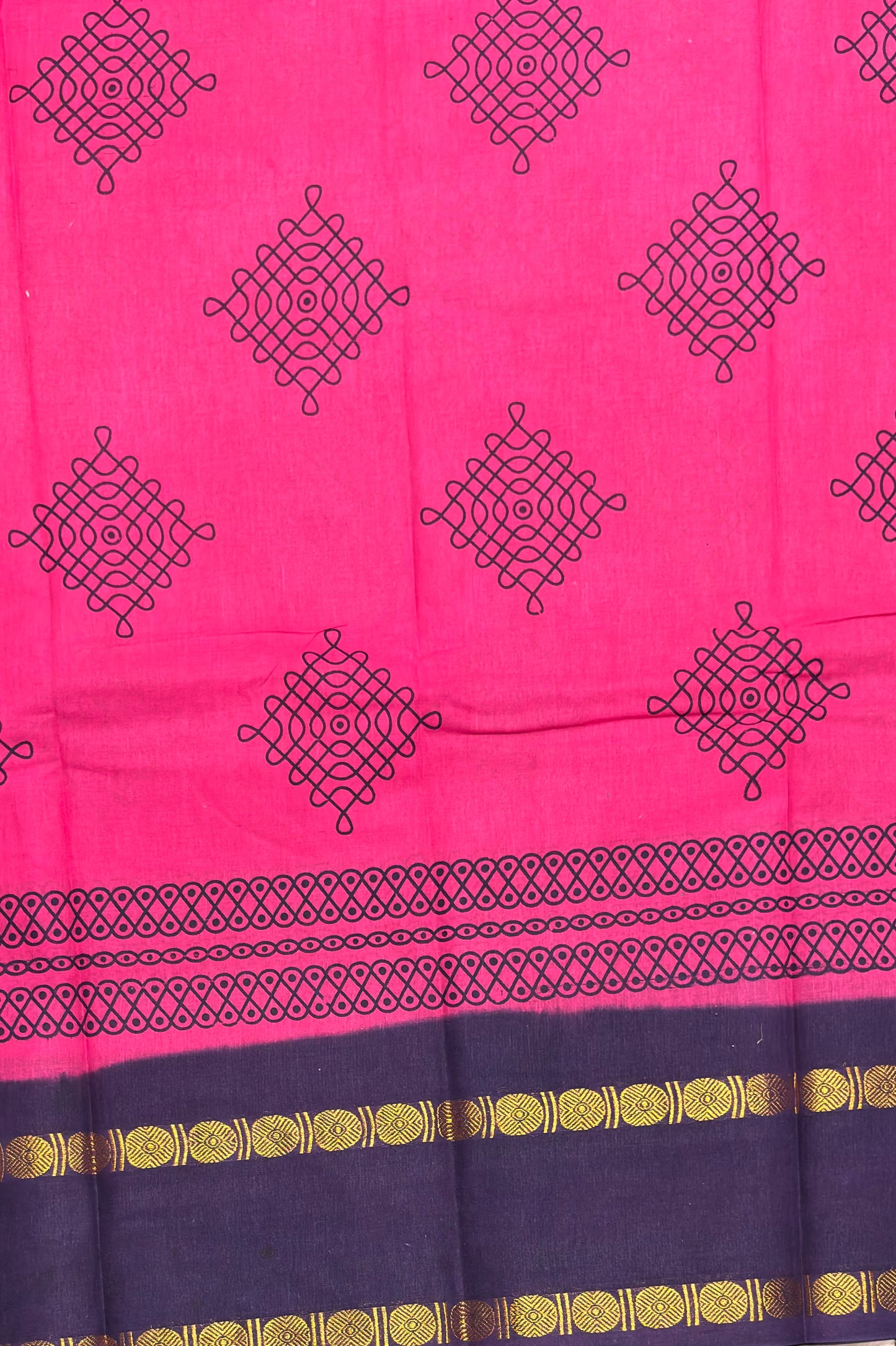 Premium Sungudi Cotton Saree – Kolam Prints- Rose with Navy  Contrast Rettapet Border | SC18