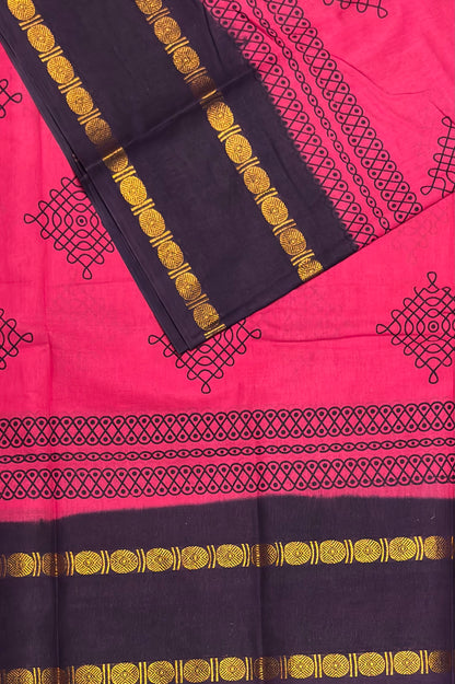 Premium Sungudi Cotton Saree – Kolam Prints- Rose with Navy  Contrast Rettapet Border | SC18