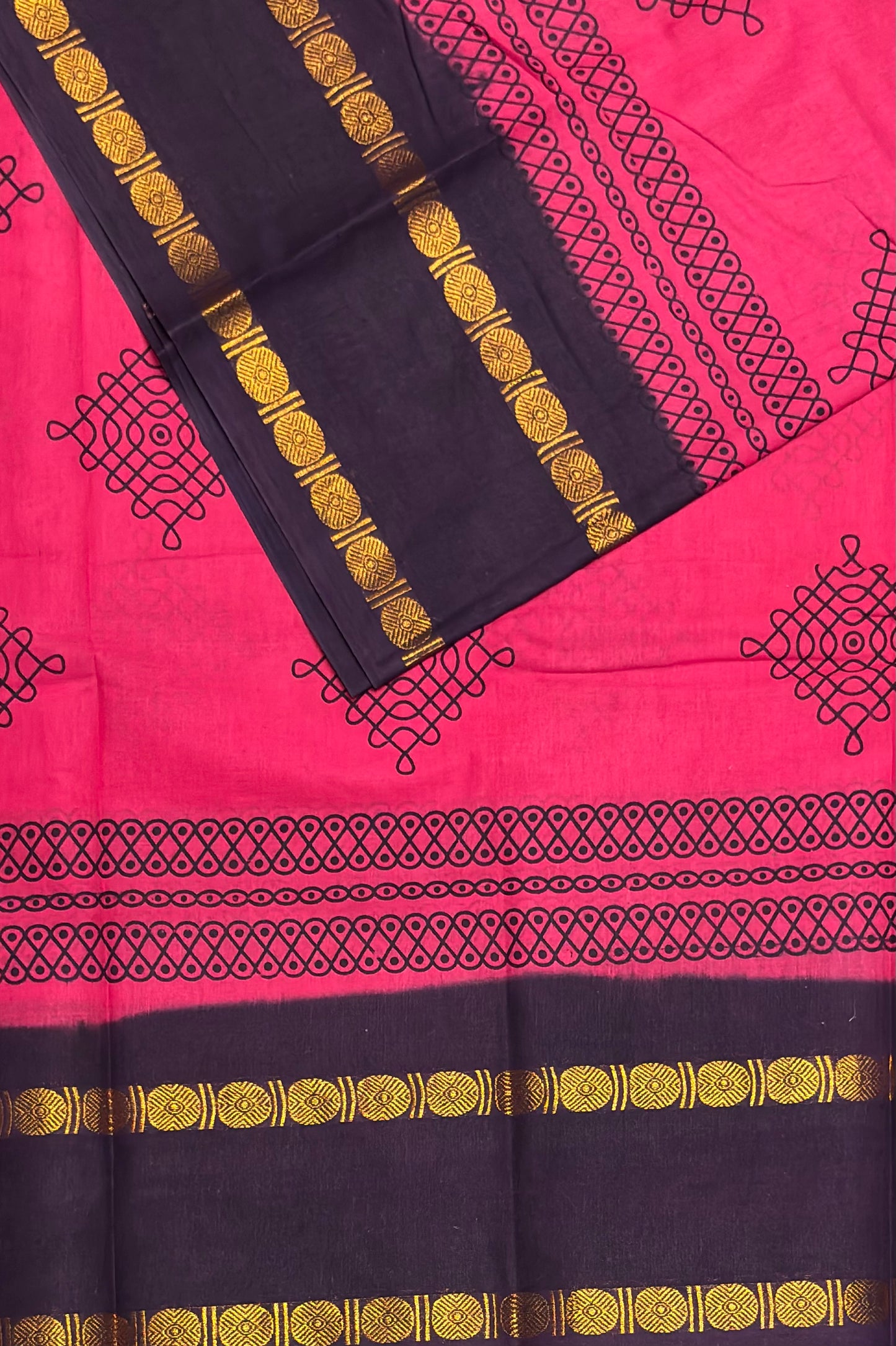 Premium Sungudi Cotton Saree – Kolam Prints- Majenta with Navy  Contrast Rettapet Border | SC20
