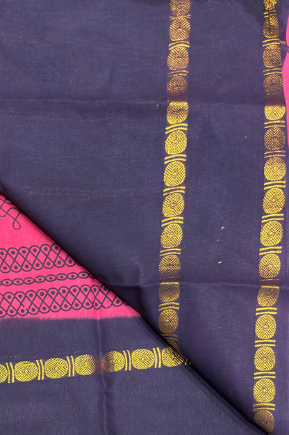 Premium Sungudi Cotton Saree – Kolam Prints- Rose with Navy  Contrast Rettapet Border | SC18