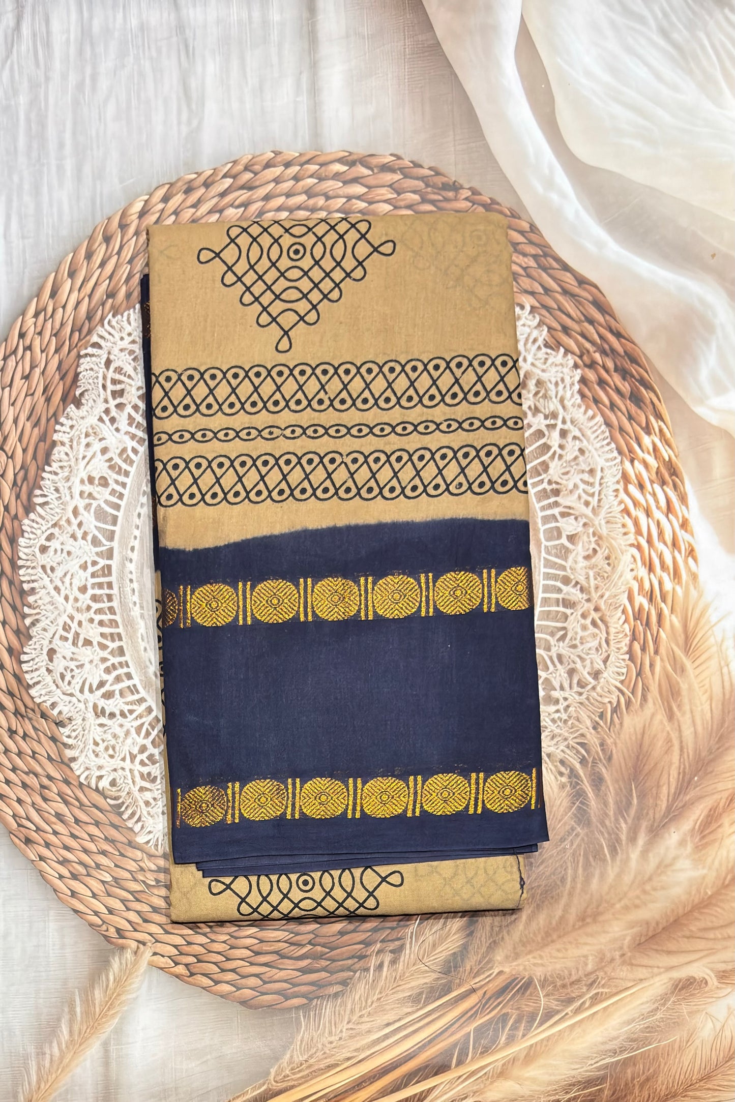 Premium Sungudi Cotton Saree – Kolam Prints- Gold with Grey  Contrast Rettapet Border | SC19