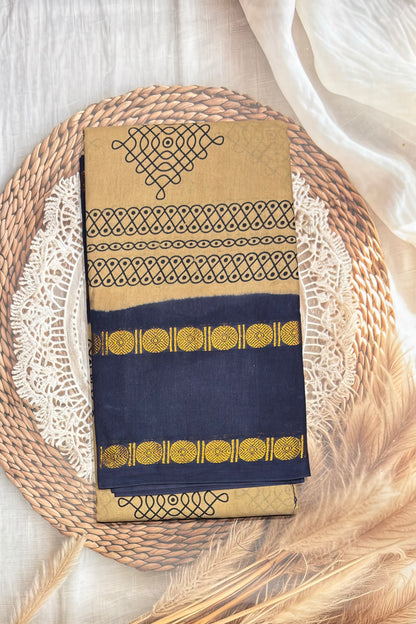 Premium Sungudi Cotton Saree – Kolam Prints- Gold with Grey  Contrast Rettapet Border | SC19