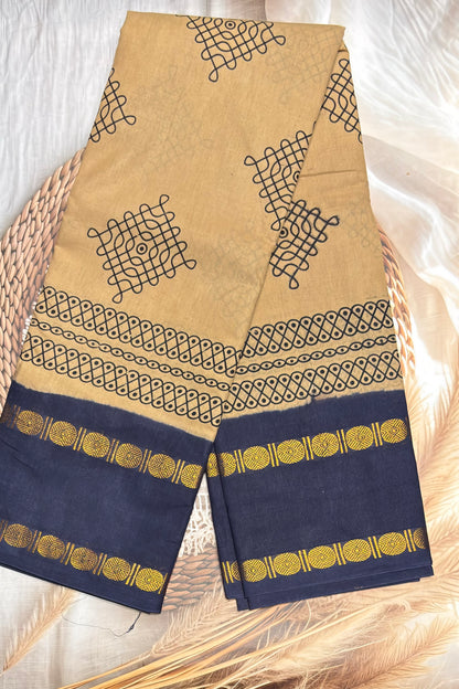 Premium Sungudi Cotton Saree – Kolam Prints- Gold with Grey  Contrast Rettapet Border | SC19