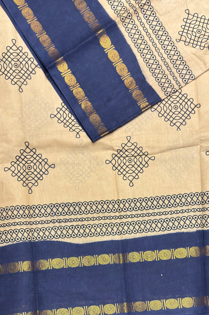 Premium Sungudi Cotton Saree – Kolam Prints- Gold with Grey  Contrast Rettapet Border | SC19