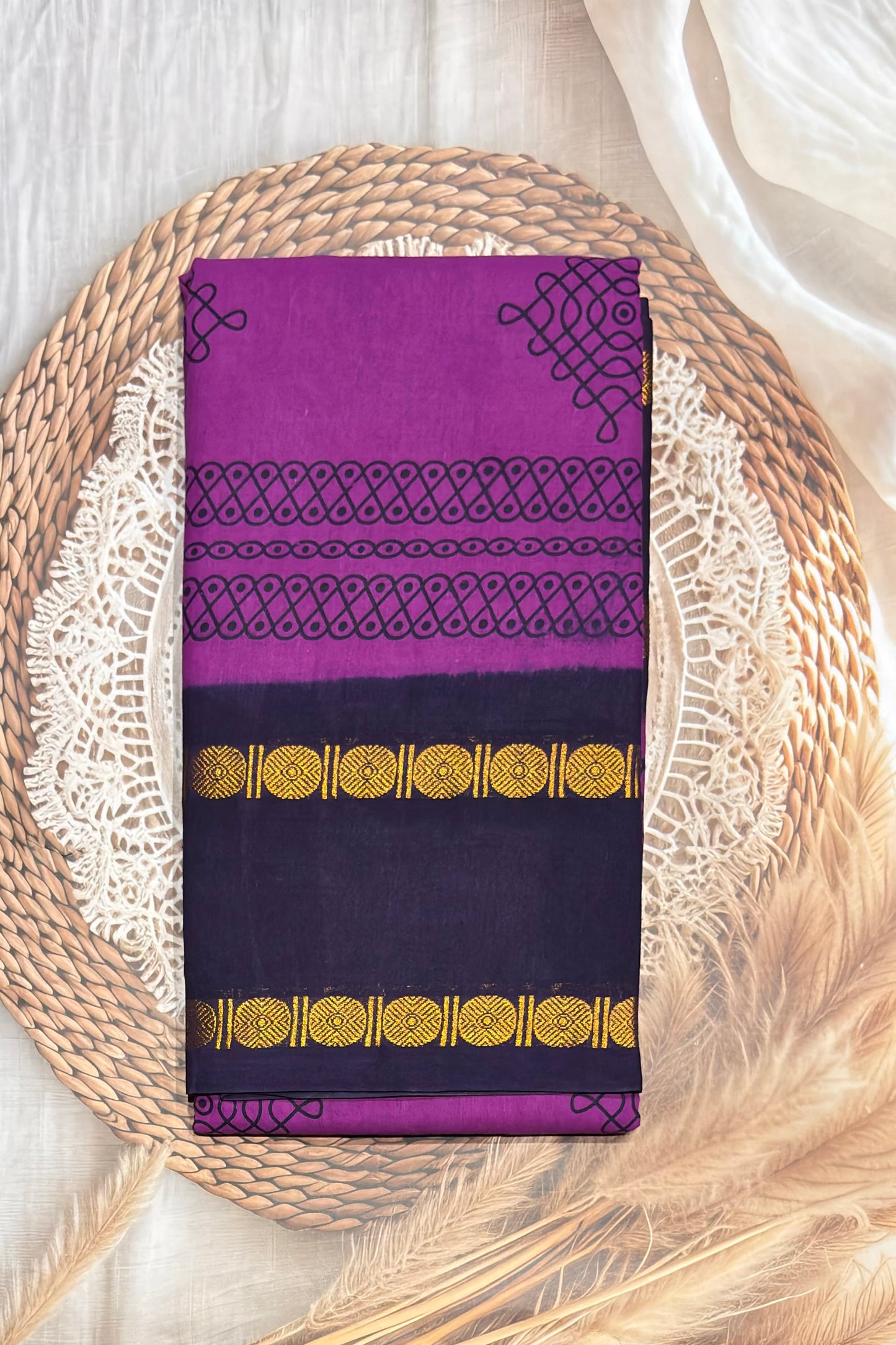 Premium Sungudi Cotton Saree – Kolam Prints- Majenta with Navy  Contrast Rettapet Border | SC20