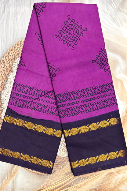 Premium Sungudi Cotton Saree – Kolam Prints- Majenta with Navy  Contrast Rettapet Border | SC20