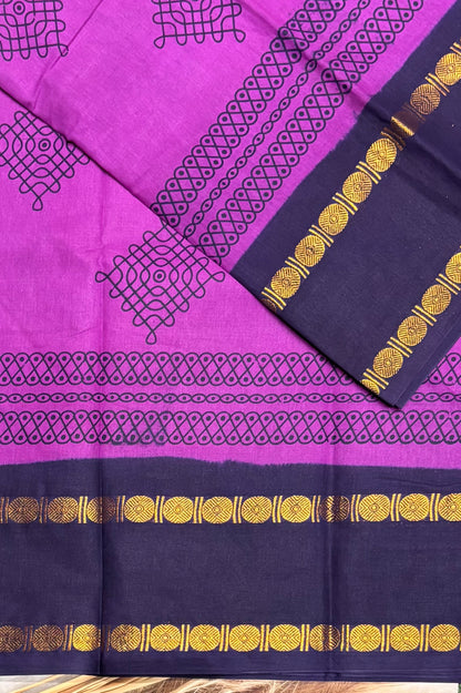 Premium Sungudi Cotton Saree – Kolam Prints- Majenta with Navy  Contrast Rettapet Border | SC20