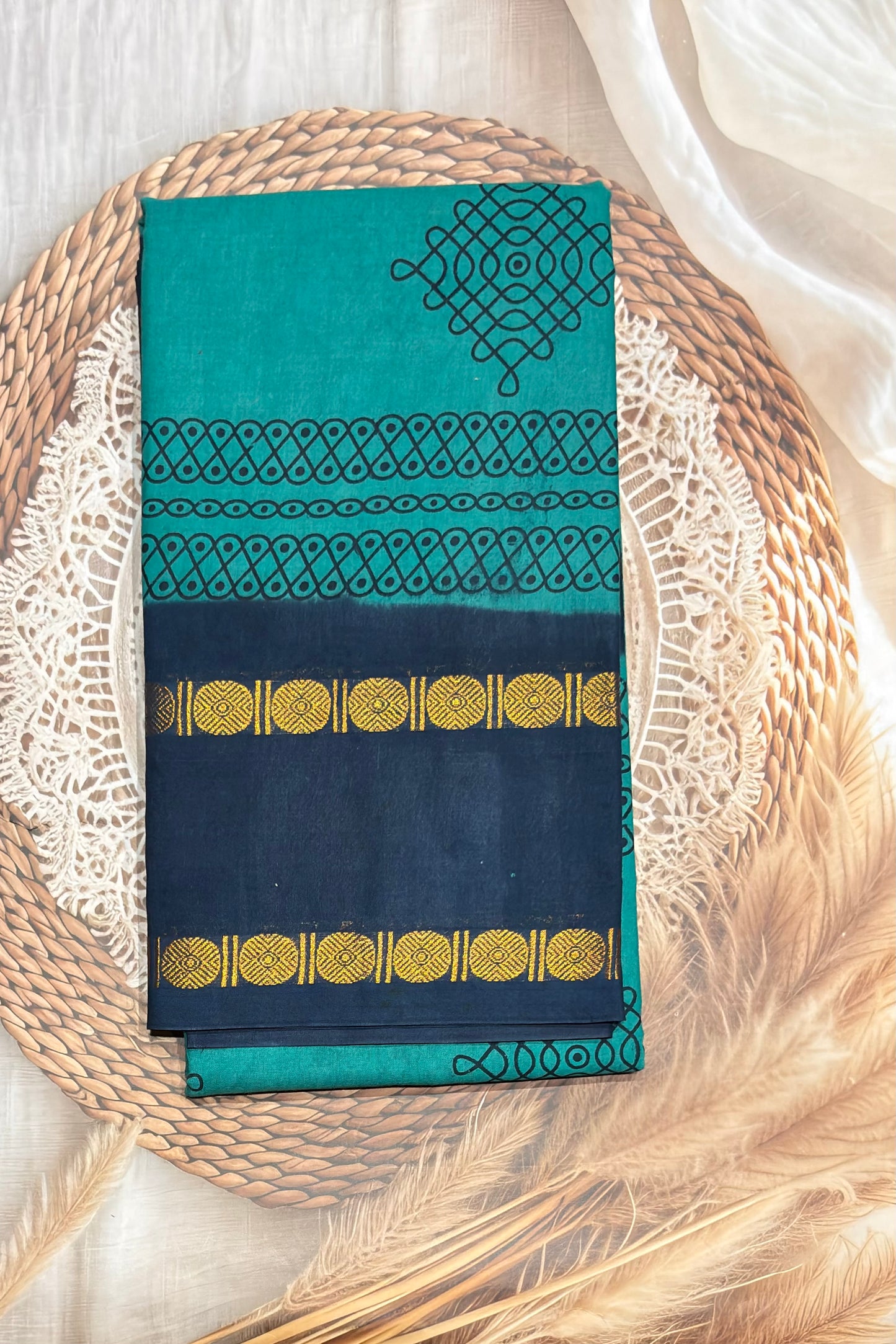 Premium Sungudi Cotton Saree – Kolam Prints- Rama Blue with Peacock Blue  Contrast Rettapet Border | SC21