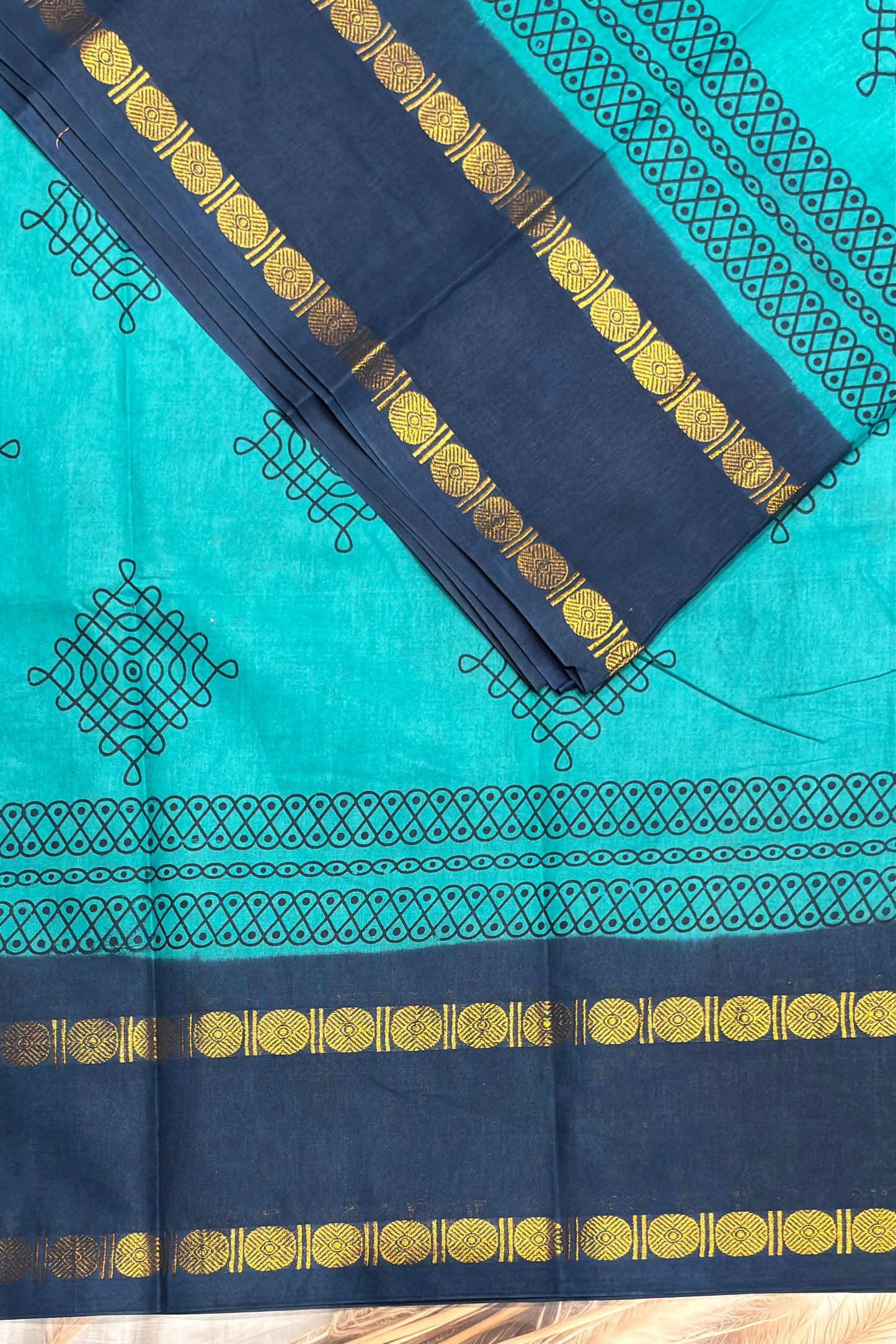 Premium Sungudi Cotton Saree – Kolam Prints- Rama Blue with Peacock Blue  Contrast Rettapet Border | SC21