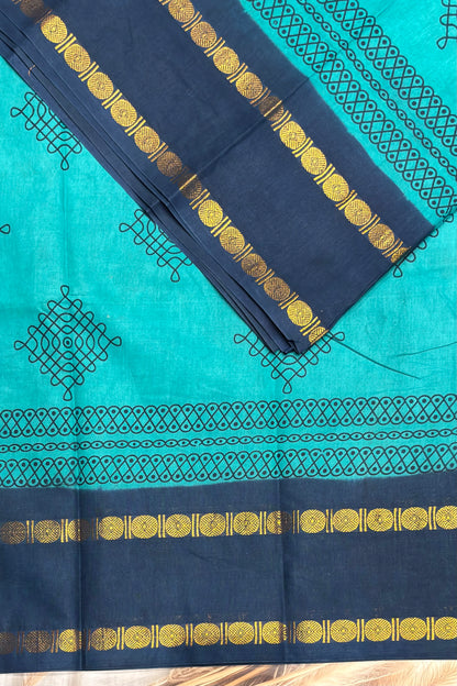 Premium Sungudi Cotton Saree – Kolam Prints- Rama Blue with Peacock Blue  Contrast Rettapet Border | SC21