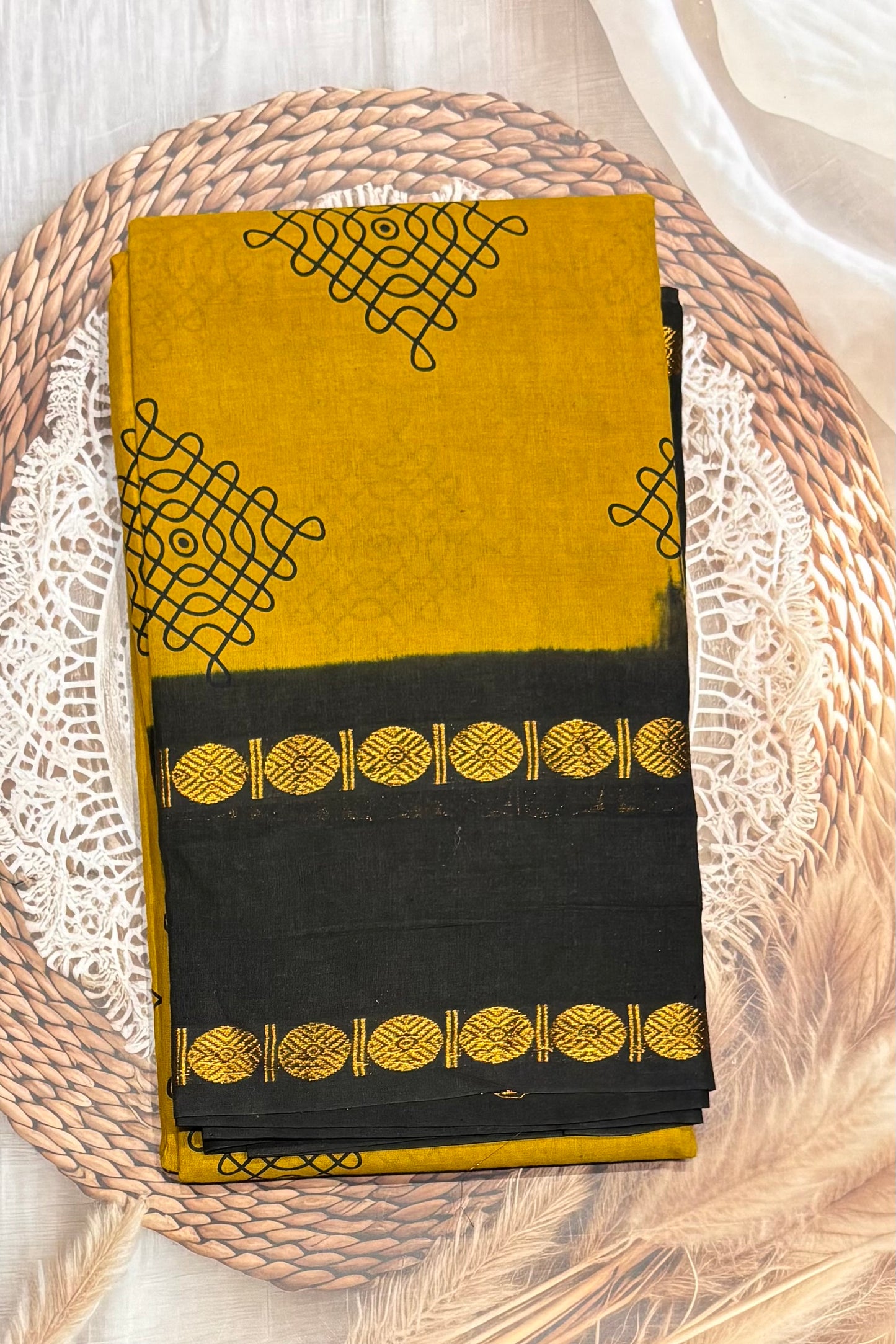 Premium Sungudi Cotton Saree – Kolam Prints- Mustard with Black Contrast Rettapet Border | SC23