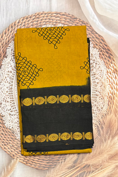 Premium Sungudi Cotton Saree – Kolam Prints- Mustard with Black Contrast Rettapet Border | SC23