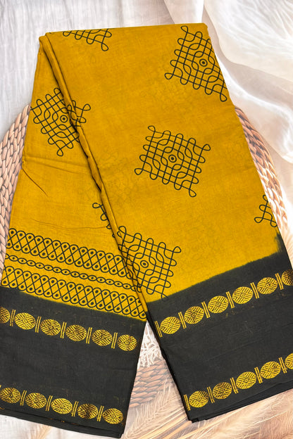Premium Sungudi Cotton Saree – Kolam Prints- Mustard with Black Contrast Rettapet Border | SC23