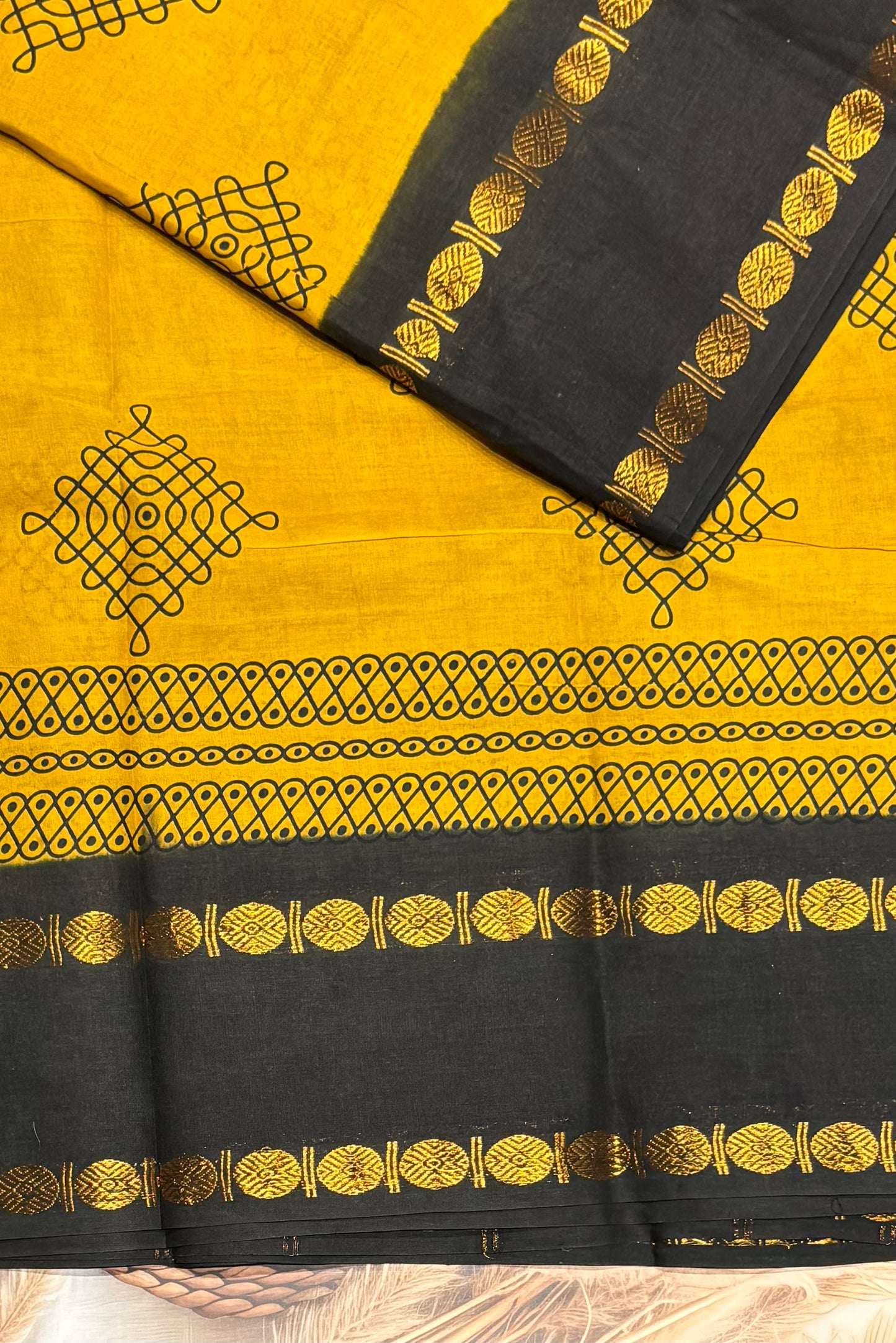 Premium Sungudi Cotton Saree – Kolam Prints- Mustard with Black Contrast Rettapet Border | SC23