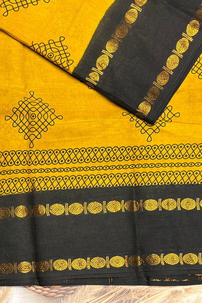 Premium Sungudi Cotton Saree – Kolam Prints- Mustard with Black Contrast Rettapet Border | SC23