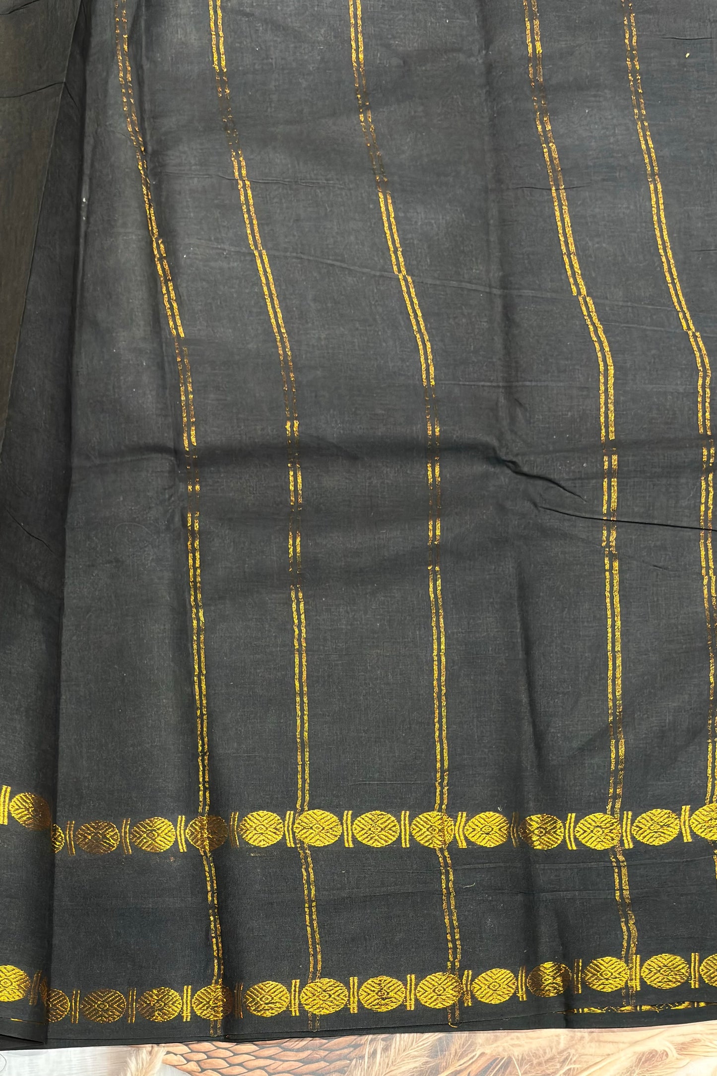 Premium Sungudi Cotton Saree – Kolam Prints- Mustard with Black Contrast Rettapet Border | SC23