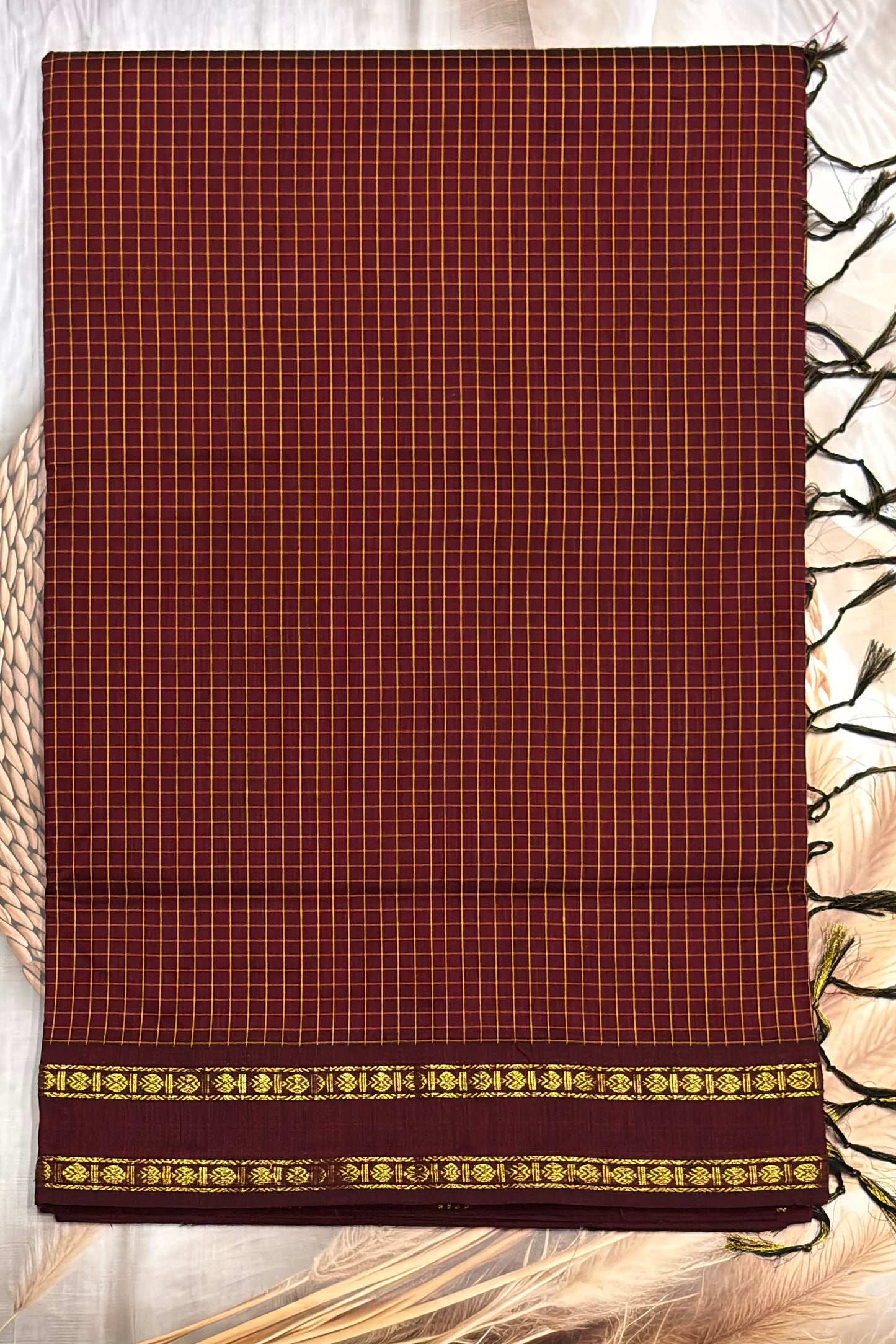 Premium Gadwal Cotton Saree – Vintage  Checks With Rettapet Border | Maroon | MGC01