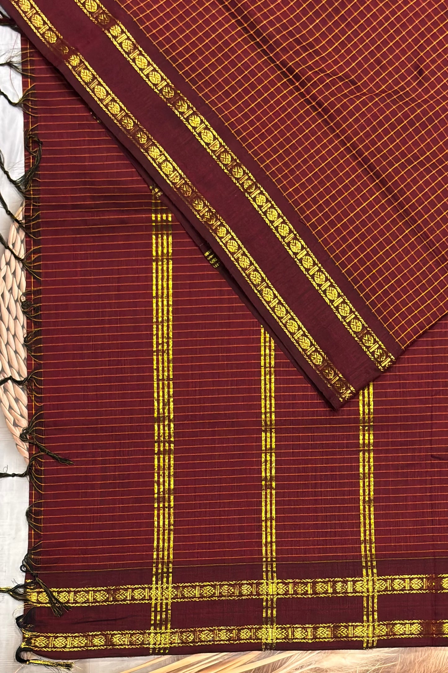 Premium Gadwal Cotton Saree – Vintage  Checks With Rettapet Border | Maroon | MGC01