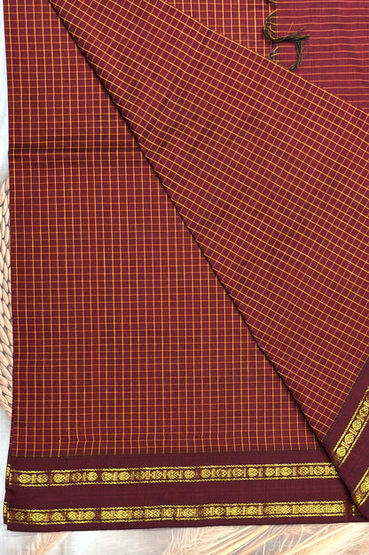 Premium Gadwal Cotton Saree – Vintage  Checks With Rettapet Border | Maroon | MGC01