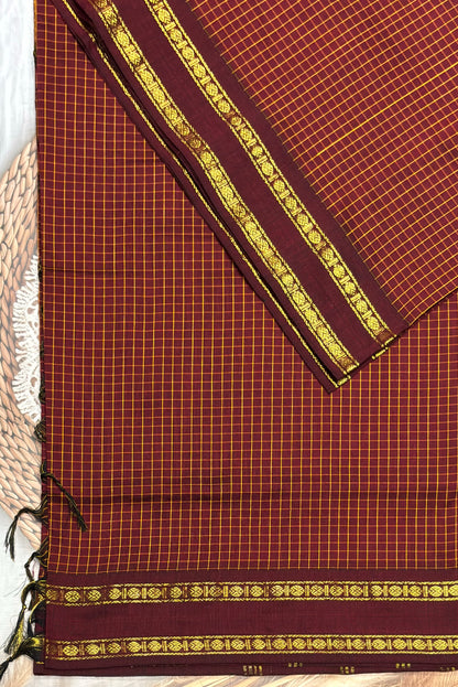 Premium Gadwal Cotton Saree – Vintage  Checks With Rettapet Border | Maroon | MGC01