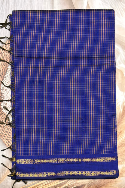 Premium Gadwal Cotton Saree – Vintage  Checks With Rettapet Border | R Blue | MGC02