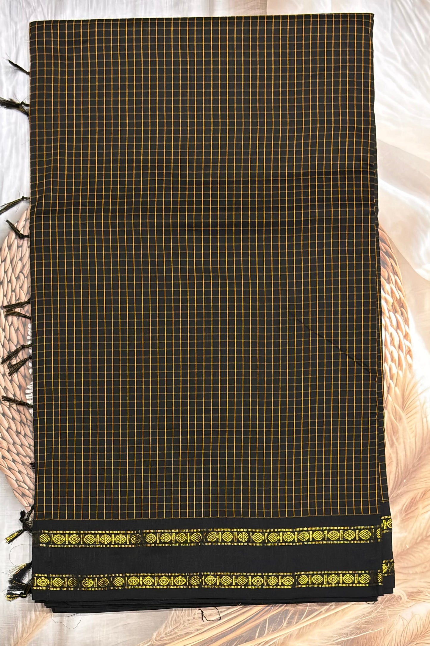 Premium Gadwal Cotton Saree – Vintage  Checks With Rettapet Border | Black | MGC06