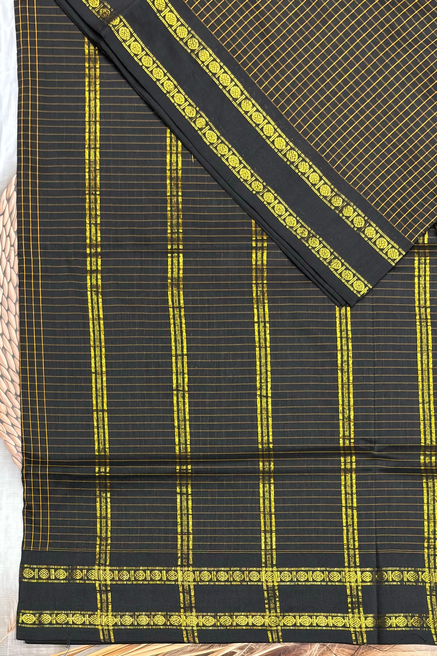 Premium Gadwal Cotton Saree – Vintage  Checks With Rettapet Border | Black | MGC06