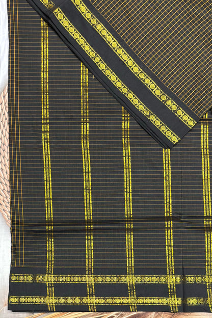 Premium Gadwal Cotton Saree – Vintage  Checks With Rettapet Border | Black | MGC06