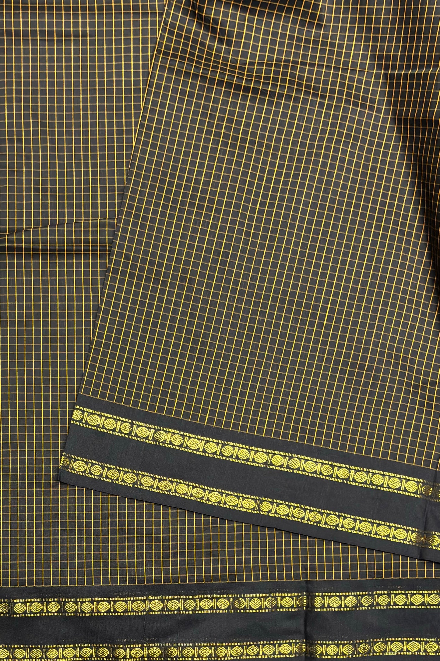 Premium Gadwal Cotton Saree – Vintage  Checks With Rettapet Border | Black | MGC06