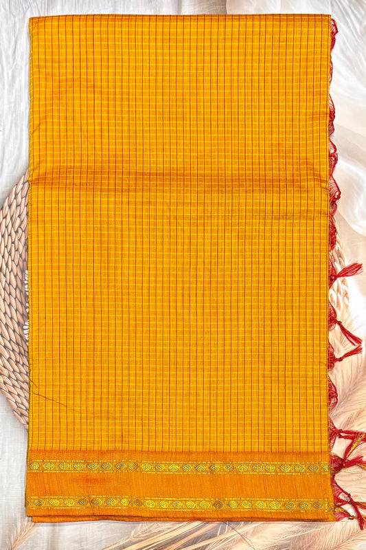 Premium Gadwal Cotton Saree – Vintage  Checks With Rettapet Border | Yellow| MGC05