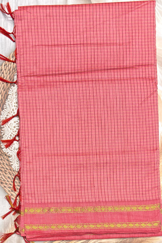 Premium Gadwal Cotton Saree – Vintage  Checks With Rettapet Border | Pink | MGC07
