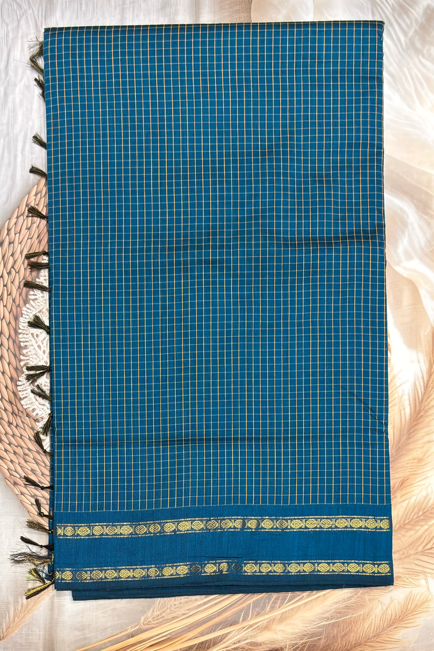 Premium Gadwal Cotton Saree – Vintage  Checks With Rettapet Border | Anandha Blue | MGC09