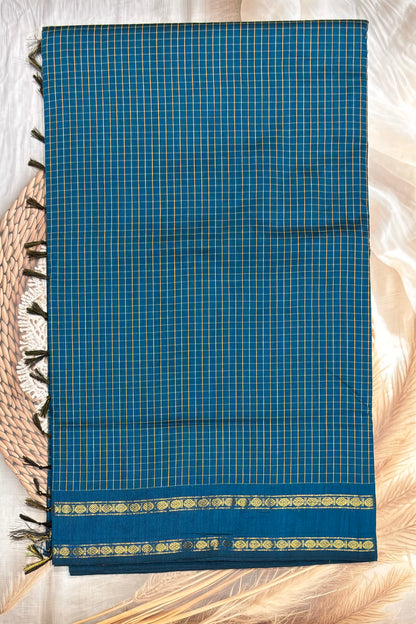 Premium Gadwal Cotton Saree – Vintage  Checks With Rettapet Border | Anandha Blue | MGC09