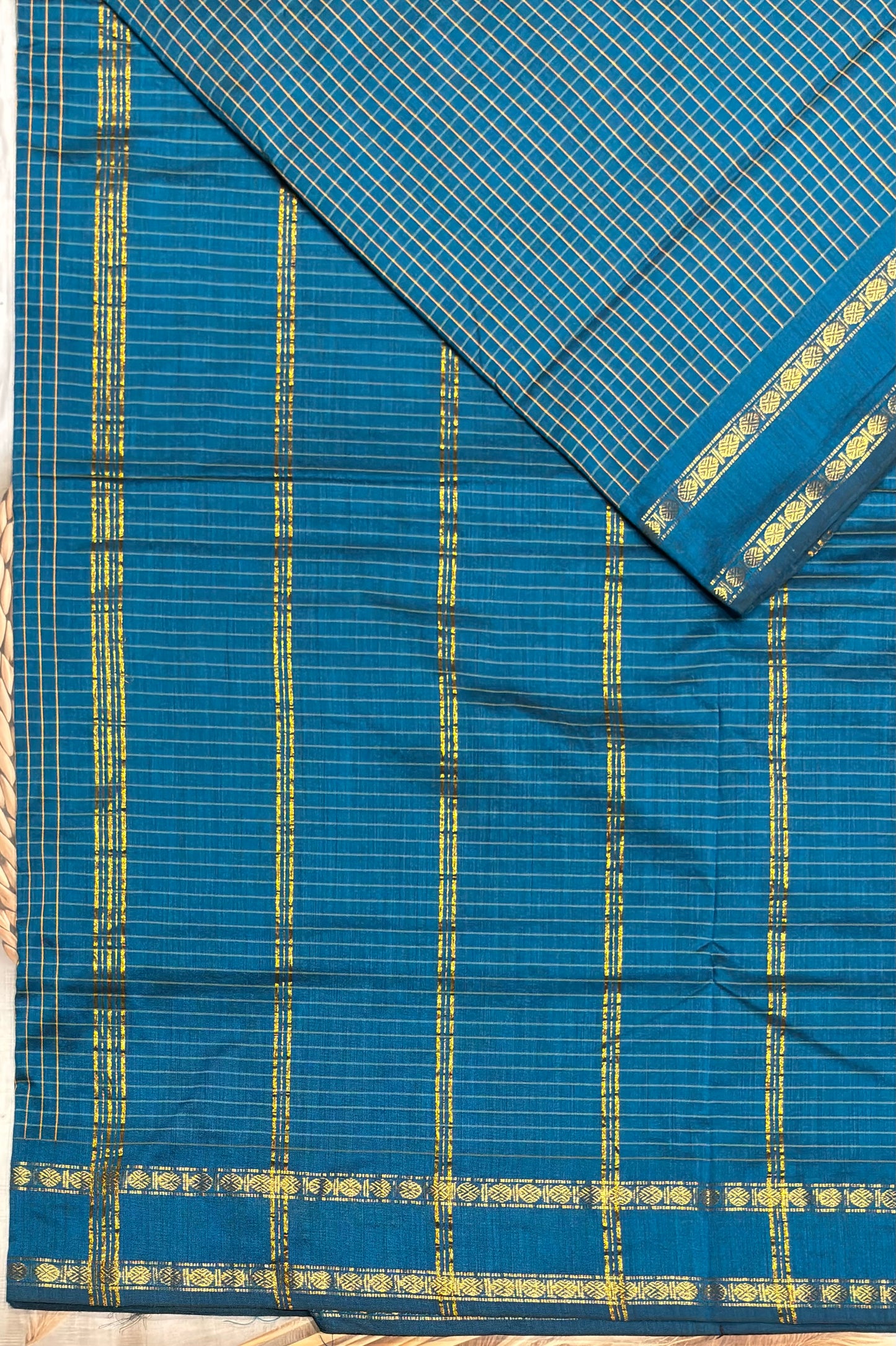 Premium Gadwal Cotton Saree – Vintage  Checks With Rettapet Border | Anandha Blue | MGC09
