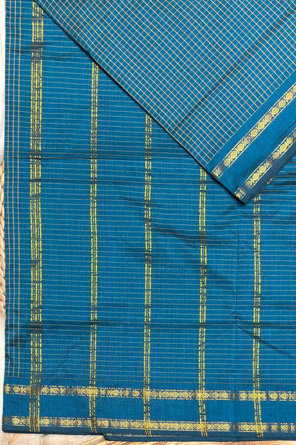 Premium Gadwal Cotton Saree – Vintage  Checks With Rettapet Border | Anandha Blue | MGC09