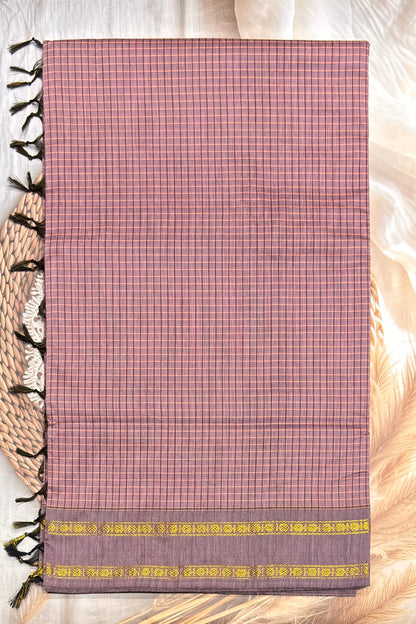 Premium Gadwal Cotton Saree – Vintage  Checks With Rettapet Border | Onion (Mauve Pink) | MGC11
