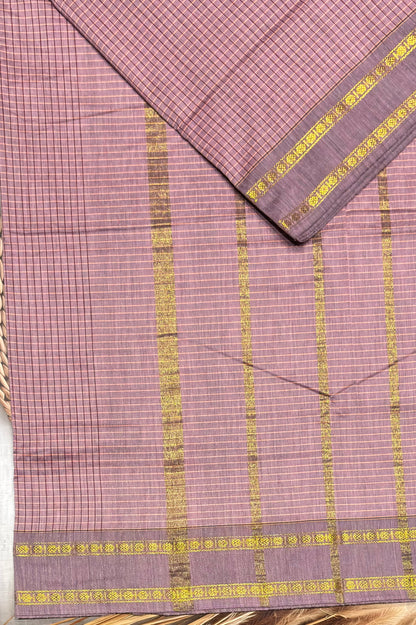 Premium Gadwal Cotton Saree – Vintage  Checks With Rettapet Border | Onion (Mauve Pink) | MGC11
