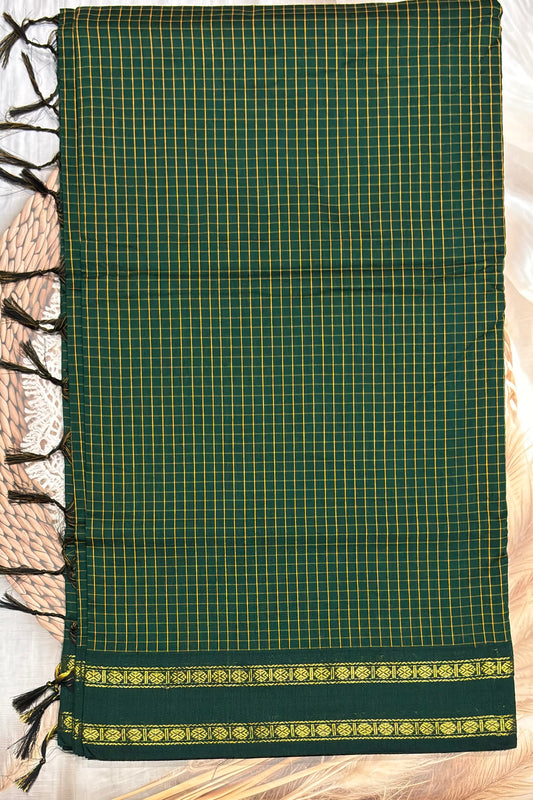 Premium Gadwal Cotton Saree – Vintage  Checks With Rettapet Border | B Green | MGC03